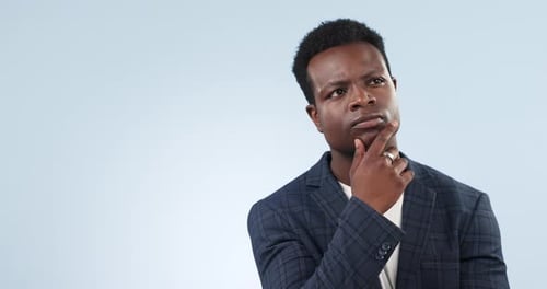 Thinking, mockup space and black man with idea or problem solving isolated in a studio background