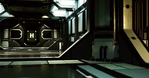 Futuristic Space Corridor Interior Fly Through