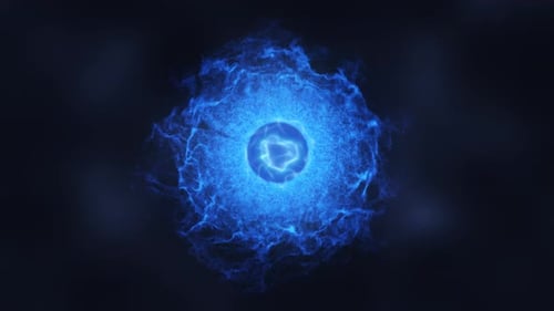 Abstract energy blue sphere atom with electrons flying glowing particles