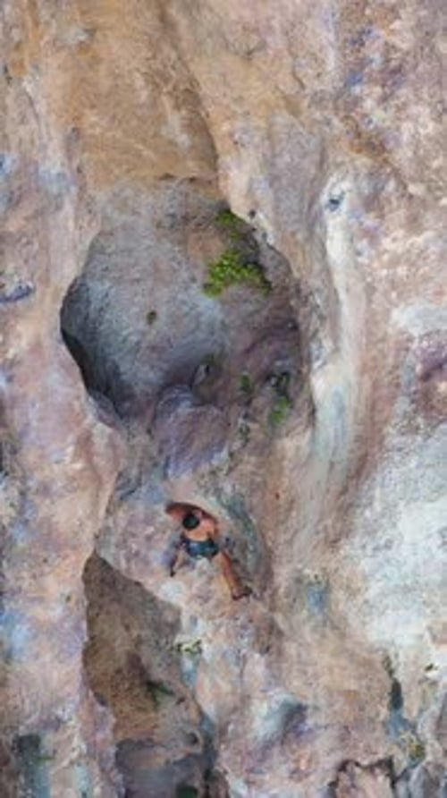Man Climber Rock Climbing Antalya Turkey Aerial View Vertical Video