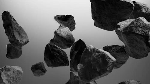 Dramatic rock formations floating in stark monochrome