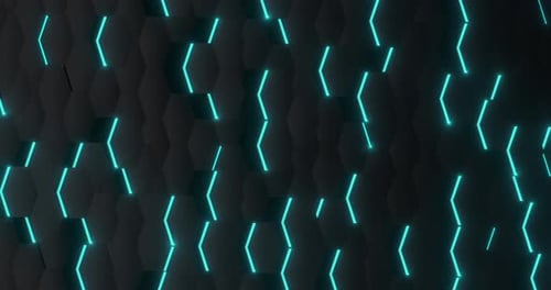 Hexágonos abstratos de ficção científica em grande escala com luzes azuis frias sobem e descem aleatoriamente