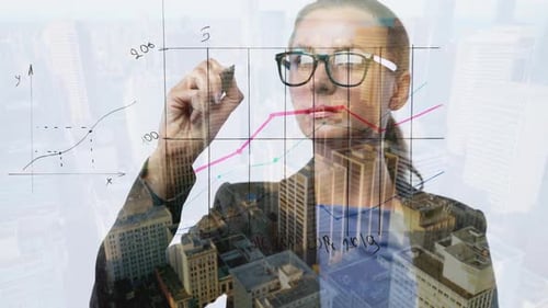 La doble exposición de una mujer de negocios dibuja varios gráficos de crecimiento