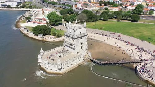 Aerial video of Belem Tower in Lisbon, Portugal