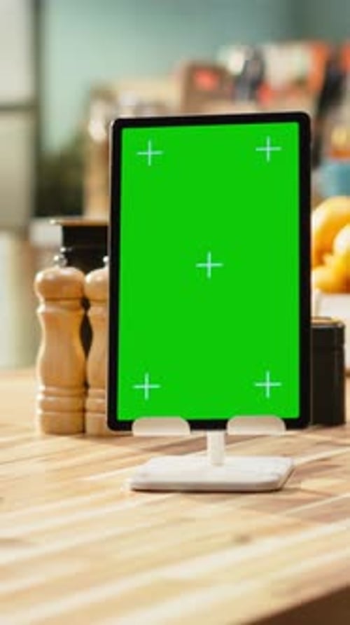 Vertical Video Vertical Green Screen on Tablet in Empty Modern Kitchen Space