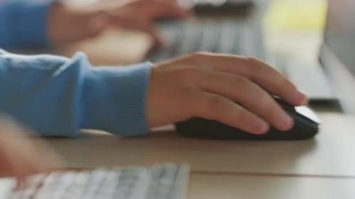 Informatik-Klassenzimmer in der Grundschule: Intelligente kleine Schulkinder, die am PC arbeiten