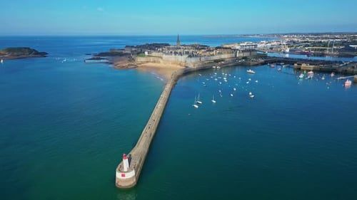 Saint Malo harbor with boats at high tide, Intra Muros in background. Saint-Malo, Brittany in France