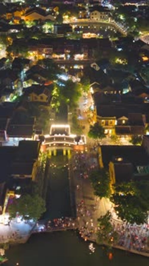 Hyperlapse of aerial view of Chua Cau or Japanese Covered ancient Bridge