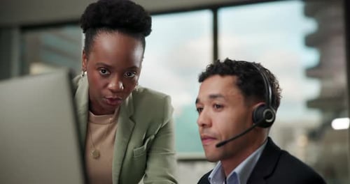 Call center, business people and training with computer for teamwork, planning