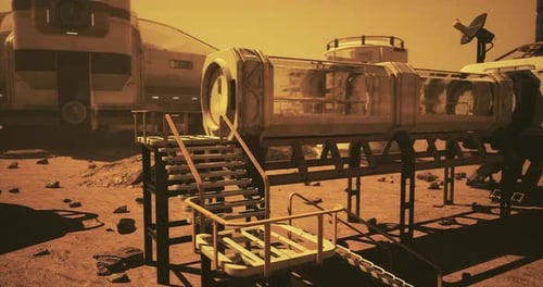 Futuristic Habitat Structure on Mars with Stairway and Rocky Terrain