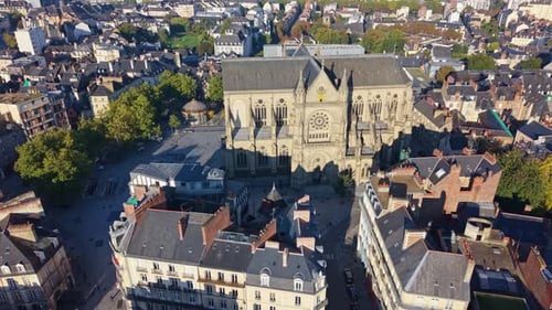 Place Saint-Anne and Saint-Aubin Basilica in Rennes, Brittany in France. Aerial drone orbiting at
