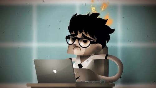 office man with burnout and fire on his head at the computer