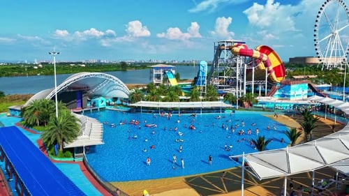 Aerial view of a water park, people having fun in a water park