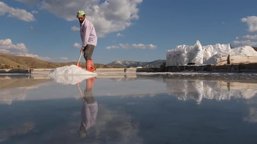 Worker Working In Salt Pond