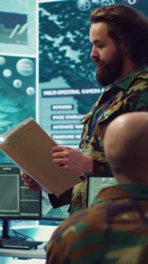 Vertical Video Army Major Reads Operation Details From a Case File in a Control Center