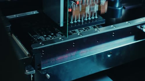 Factory Machine at Work: Printed Circuit Board Being Assembled with Automated Robotic Arm, Surface