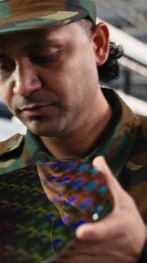 Vertical Video Close Up of Microchip Factory Expert and Military Intelligence Officer