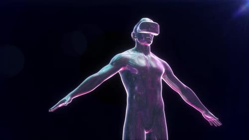 Humanoid Figure with VR Headset in Cosmic Metaverse Simulation