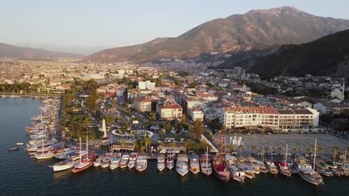 Awesome aerial view of Fethiye at sunset, Turkey
