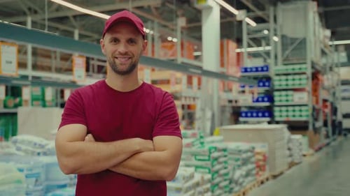 Strong Employee Stands Confidently in a Hardware Store Aisle Surrounded By Supplies and Building