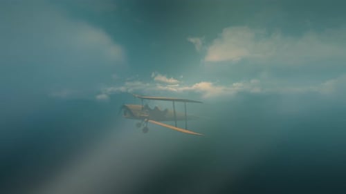 Kleines Flugzeug, das durch Wolken fliegt