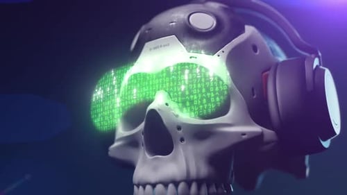 a futuristic skull with a random code effect on a holographic surface