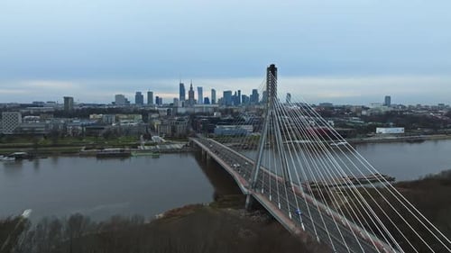 Aerial Panorama of Warsaw Poland with Swietokrzyski Bridge Over the Vistual River