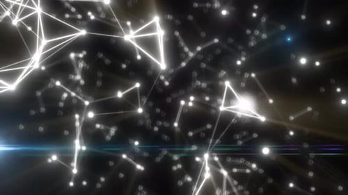 Leuchtendes weißes Netzwerk aus digitalen Linien und Knoten auf dunklem Hintergrund mit Science-Fiction-Beleuchtung