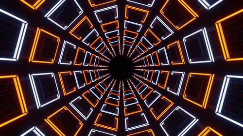 Orange And Lighting Blue Neon Squares In Glossy Tunnel Background Vj Loop In 4K