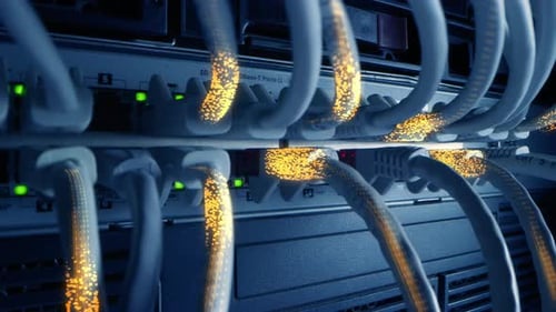 An das
Modem angeschlossene Ethernet-Kabel mit digitalem Binärcode zum Streamen von Informationen und Daten.
Konzept