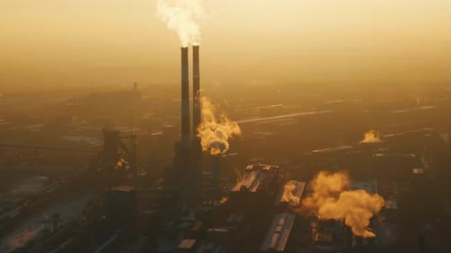 Coal Fired Power Station. Aerial view of high chimney pipes