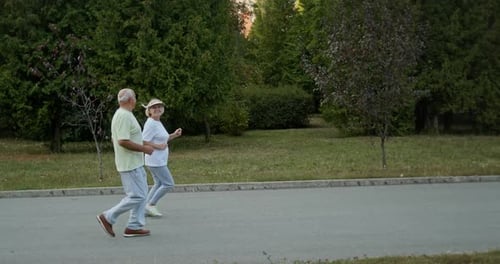 Active Senior Couple Working Out Jogging in a Park Together in a Healthy Lifestyle During Retirement