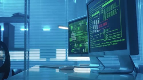 Computer Screen with Green Lines of Program Codes and Red Window with Access Denied Warning