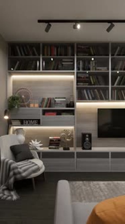 Interior of a one-room apartment with a kitchen, TV area and workplace. 3D rendering.