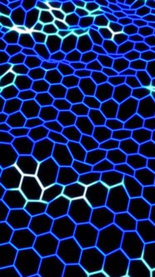Futuristic glowing hexagonal grid pattern with blue electric lines on a dark background