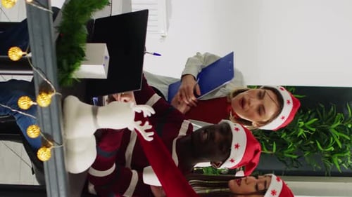 Vertical Video Staff Brainstorming in Festive Office