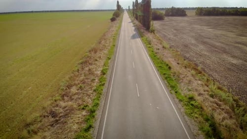Aerial View of Car Rides on Asphalt Road Close Farming Fields