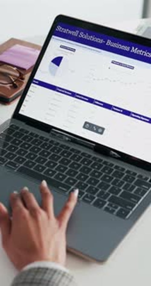 Hands, research or laptop screen in office with graphs for financial performance