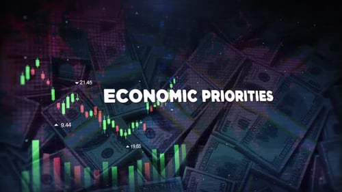 Economic Priorities Words On Economic Background With Decrease Bar Chart Graph And Arrow