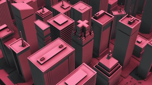 Animated Geometric City Flyover with Dynamic Color Shift