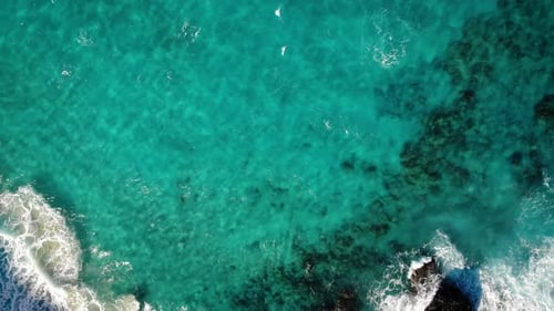A birds eye angle from a drone of the coastline off Oahu, Hawaii. The water is very very blue.