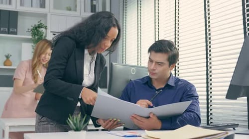 Young Latino business woman work with Caucasian man manager in office.