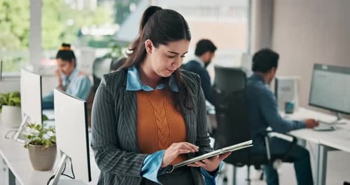 Media agency, tablet or woman with connection, typing or column with submission