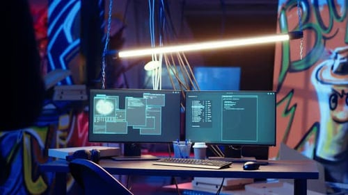 Hacker Arriving with Tablet in Hidden Base Deploying Viruses