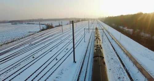 Train passing inbetween empty fields and a forrest, shot during the winter. Camera catches sun flare
