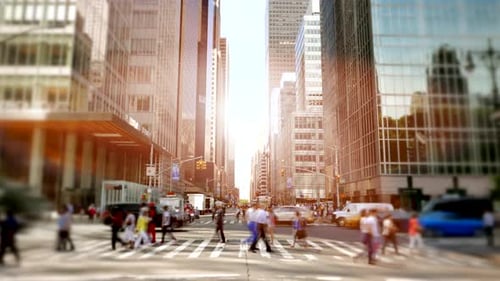 People Crossing Crowded Street In Urban City Commuting to Work