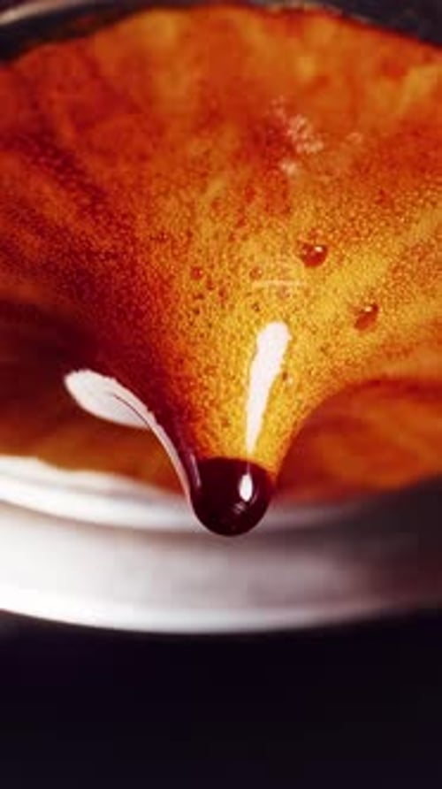 Vertical video. Slow motion espresso drop forming after extraction stop, macro view of thick golden