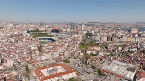 Fly Above Large City on Sunny Day Dense Town Development in Urban Borough Residential Multistorey