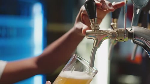 Barman Fills Mug with Beer From Tap