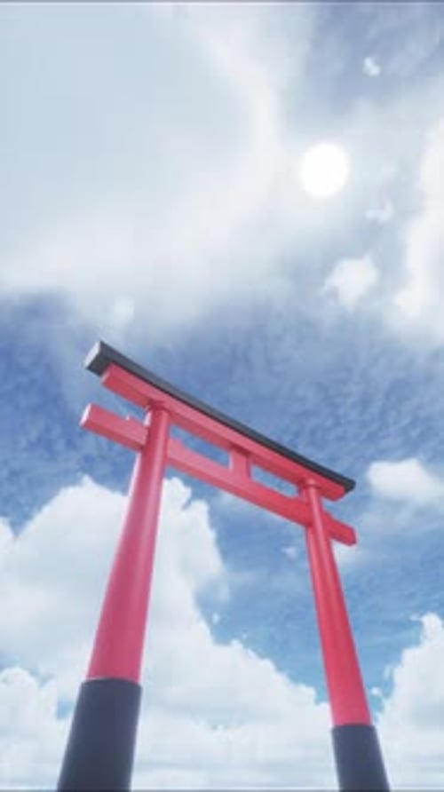 Japanese torii gate with flying clouds in the background. Time lapse. 3D rendering.